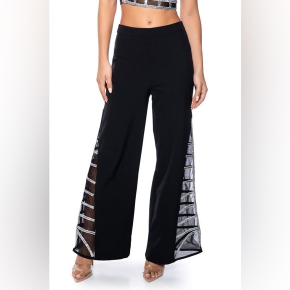 AKIRA PREMIER RHINESTONE MESH PANEL WIDE LEG PANT - Picture 2 of 4
